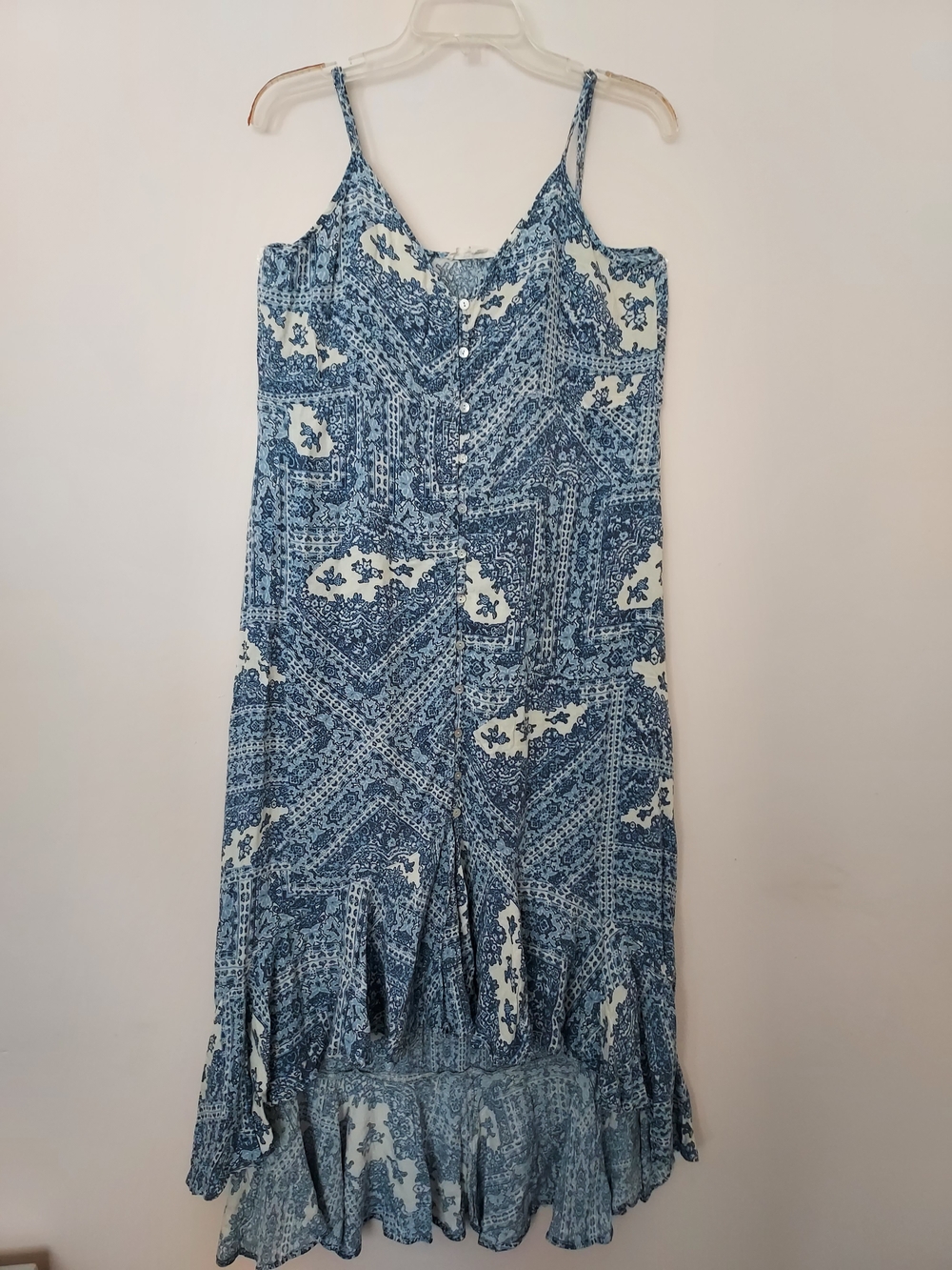 lovestitch Blue Printed High-Low Maxi Dress Boho Beachy Breezy Vacation Coastal